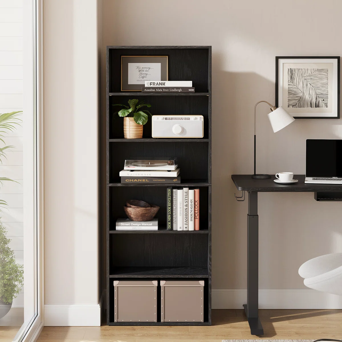 HOME PLUS 63'' Industrial Minimalist Standard Bookcase. DISPLAY STAND. Bookshelf with 6 spaces. 6- TIER BOOKCASE