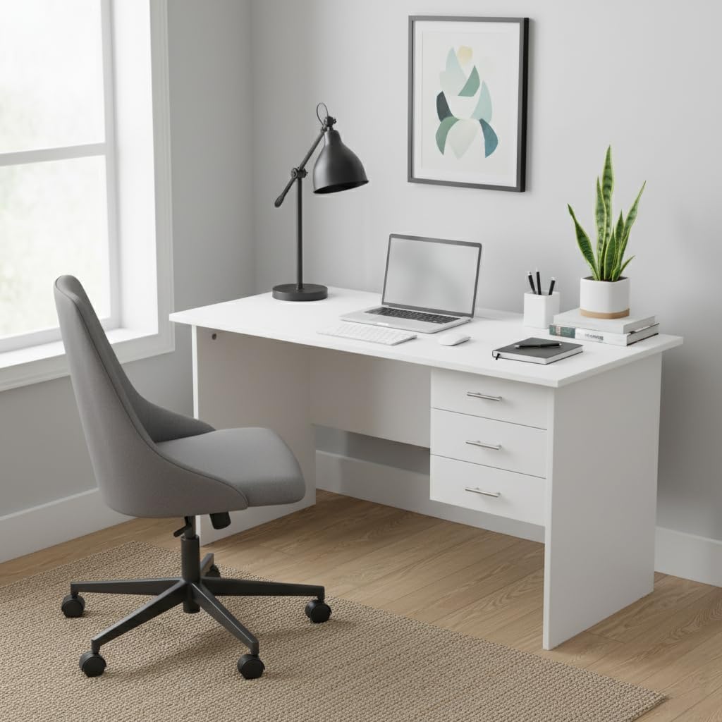 HOME OFFICE COMPUTER DESK, WRITING DESK. OFFICE DESK. ALL WHITE DESK WITH RUNNERS AND 3 LARGE DRAWERS. 1200MM LARGE TOP. Modern Executive Home Office Desk  with 3-Drawer Storage . Home study desk.