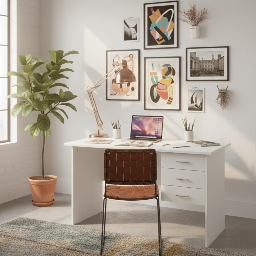 HOME OFFICE COMPUTER DESK, WRITING DESK. OFFICE DESK. ALL WHITE DESK WITH RUNNERS AND 3 LARGE DRAWERS. 1200MM LARGE TOP. Modern Executive Home Office Desk  with 3-Drawer Storage . Home study desk.