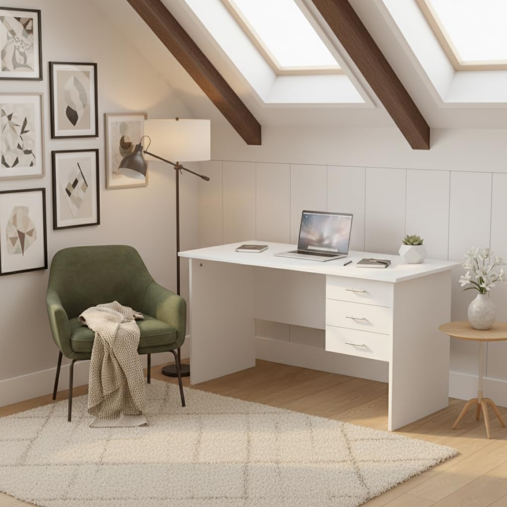 HOME OFFICE COMPUTER DESK, WRITING DESK. OFFICE DESK. ALL WHITE DESK WITH RUNNERS AND 3 LARGE DRAWERS. 1200MM LARGE TOP. Modern Executive Home Office Desk  with 3-Drawer Storage . Home study desk.