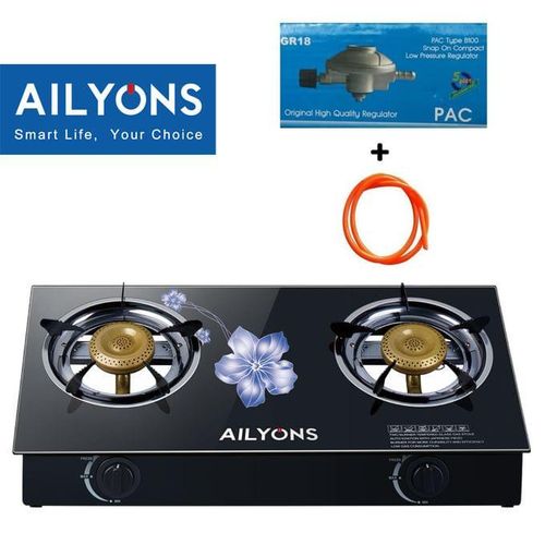 CLEARANCE OFFER AILYONS 2 Burner Glass Top Gas Cooker with auto ignition + FREE 1 M Pipe, 6 kg Regulator