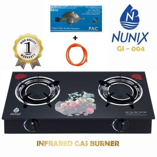 CLEARANCE OFFER Nunix 2 Burner Infra-red Glass Tampered Table Top Burner + 6kg Regulator, Pipes & Fixing Clips
