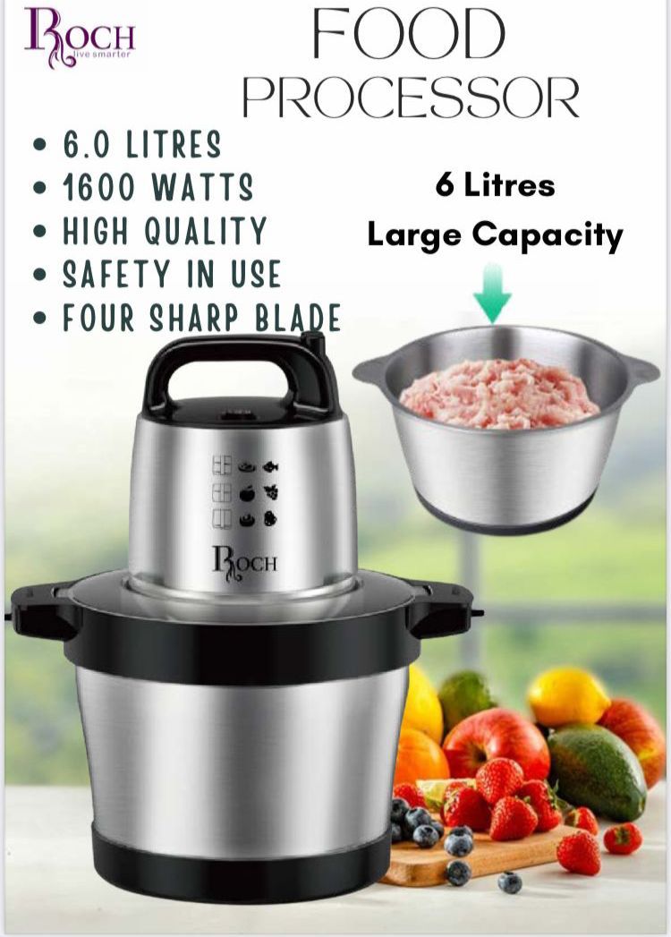 Roch 6ltrs Chopper  -Perfect kitchen tool for crushing garlic, ginger, fresh chili, grinding meat, pumpkin paste, etc. You can use it to make baby food and  smoothie drinks.