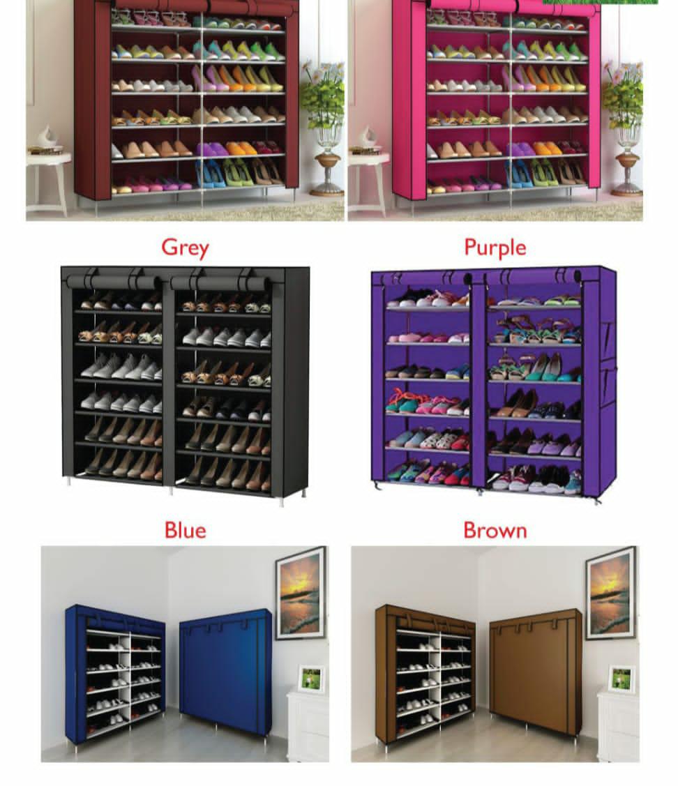 Double shoerack Use these framed  portable shoe racks to add extra shoes storage space to your guest room or any room that might need it. This heavy duty metallic frame is very durable.