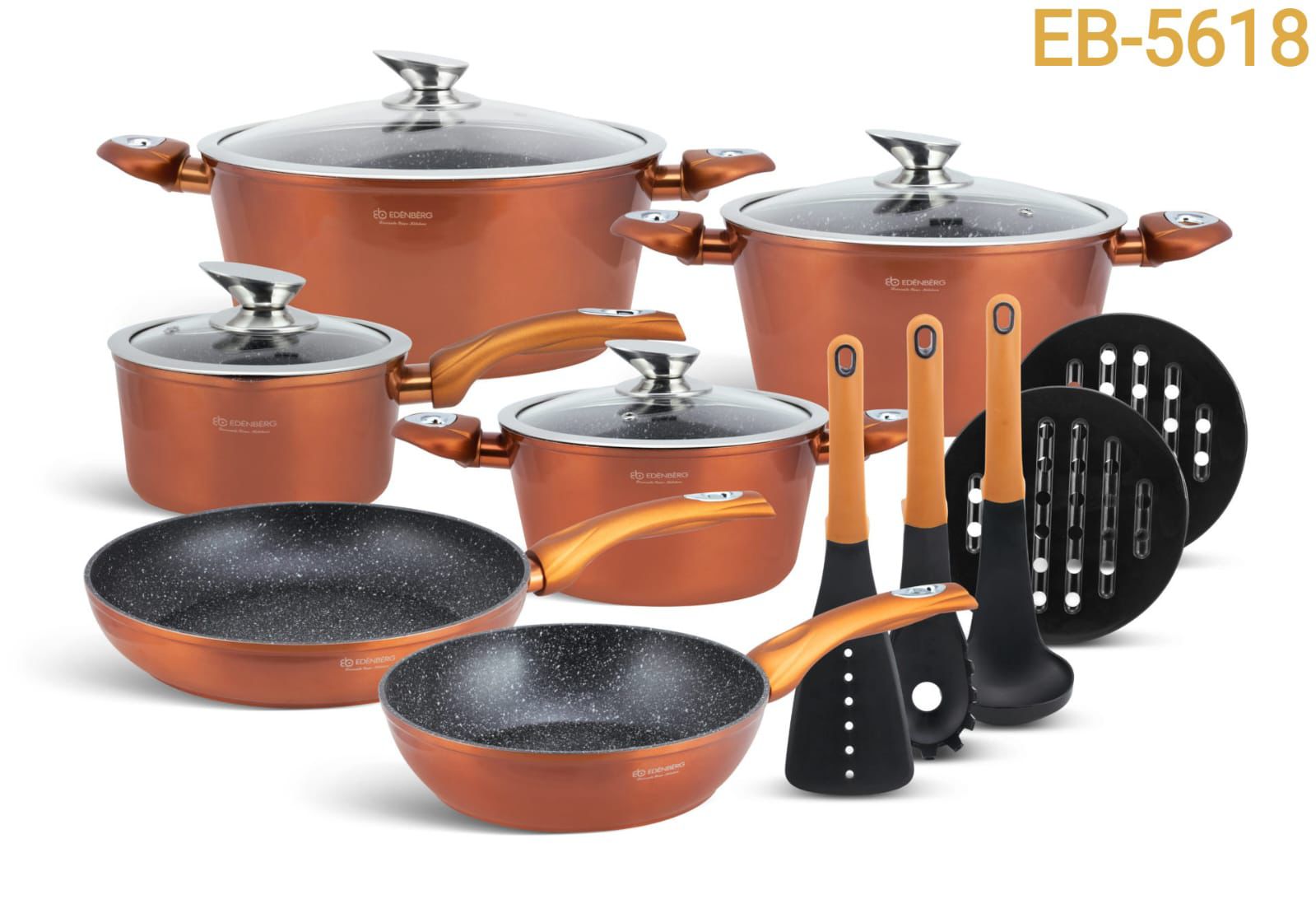 EDENBERG Edenburg 15pc Cookware  Thanks to this design, these pots can be boiled, steamed and fried with a minimum of fat, and washing is extremely easy.