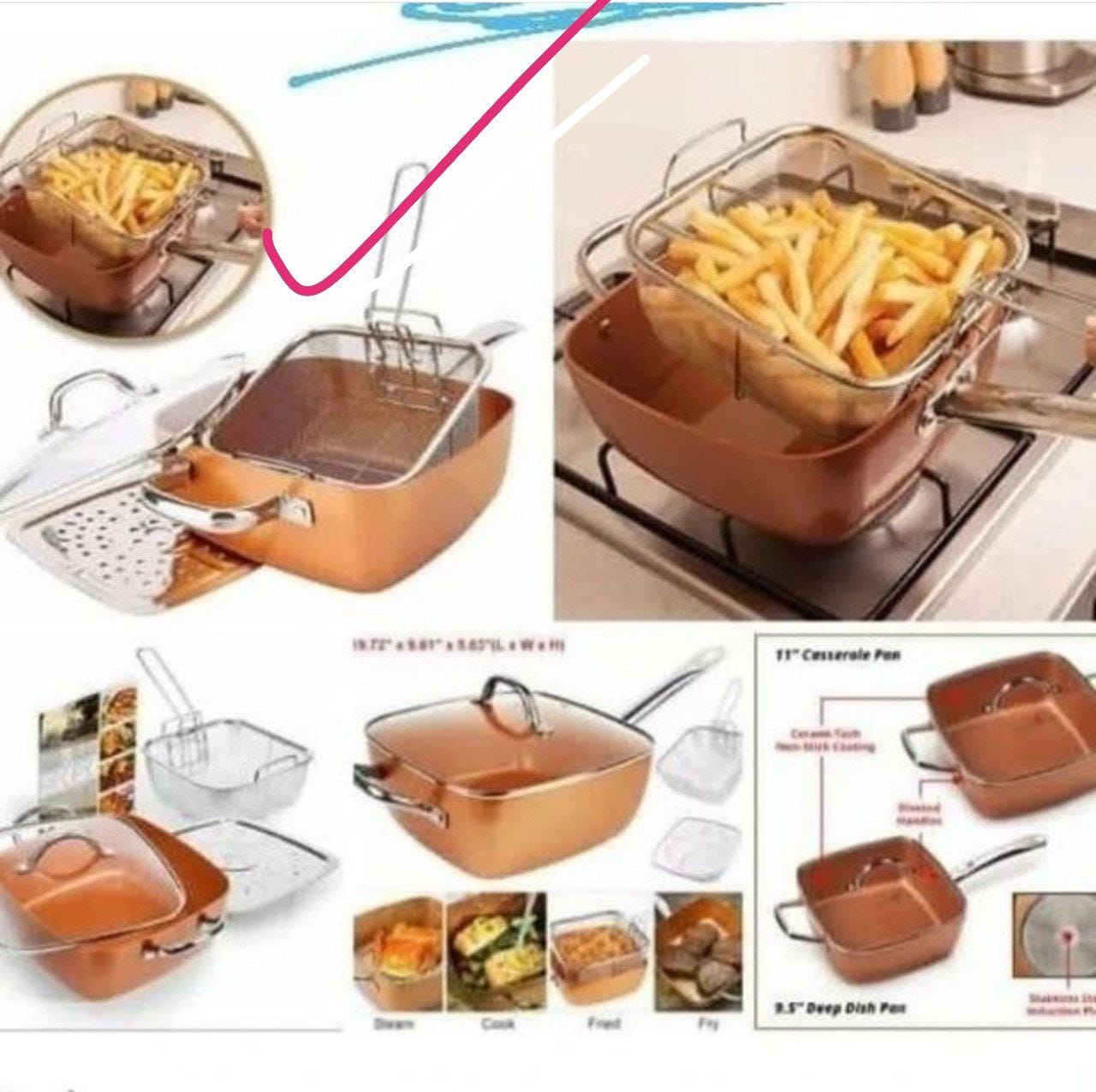 Copper pan with deep frying mesh They are very durable. Has a good cooking ability-Has an excellent cooking performance. It's easy to clean, and it's useful for people who are watching their fat intak
