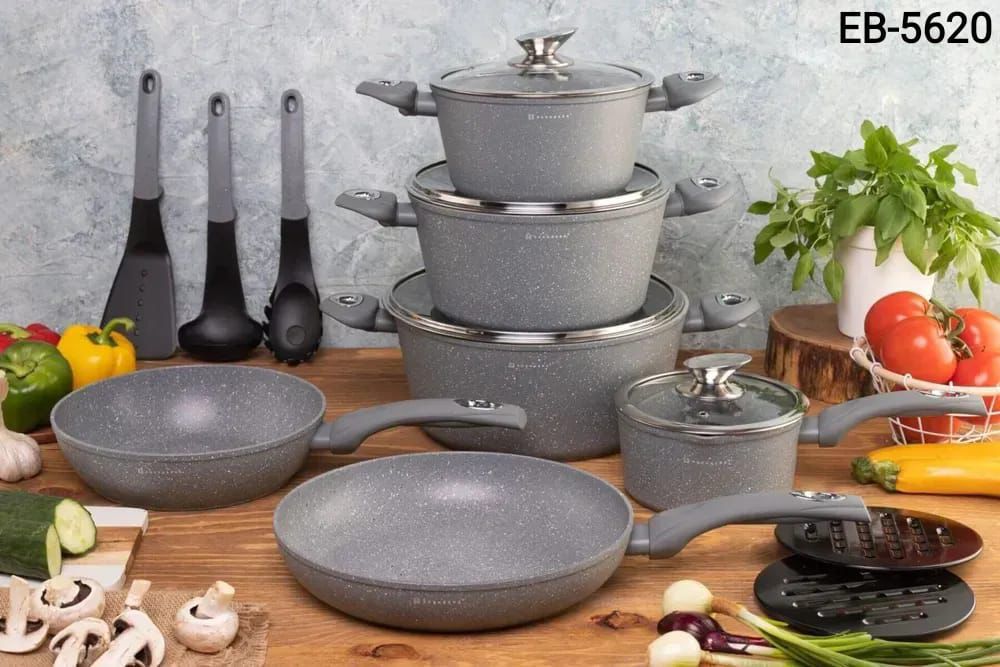 EDENBERG Edenburg 15pc Cookware Set  The pots are made of high quality pressed aluminium with a ceramic marble coating which is additionally coated with a non-stick layer. Thanks to this design, these