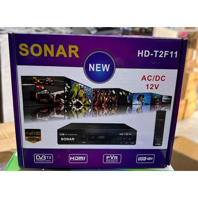 Digital High-Definition SONAR HD-T2F11 DVB-T2 Decoder With USB PVR, HDMI Output . Designed for both AC and DC (12V) power, it is ideal for home use, solar setups, or on-the-go entertainment.