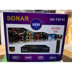 Digital High-Definition SONAR HD-T2F11 DVB-T2 Decoder With USB PVR, HDMI Output . Designed for both AC and DC (12V) power, it is ideal for home use, solar setups, or on-the-go entertainment.