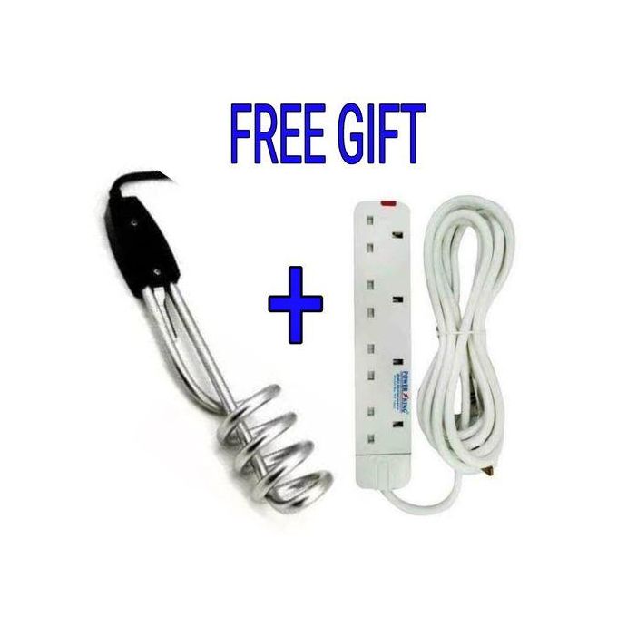 Electric Stainles Water Heater Immersion Coil+ Free 4 Way Extension Cable. The immersion heater is a compact device with a stainless steel coil that heats water directly inside a container. It is desi
