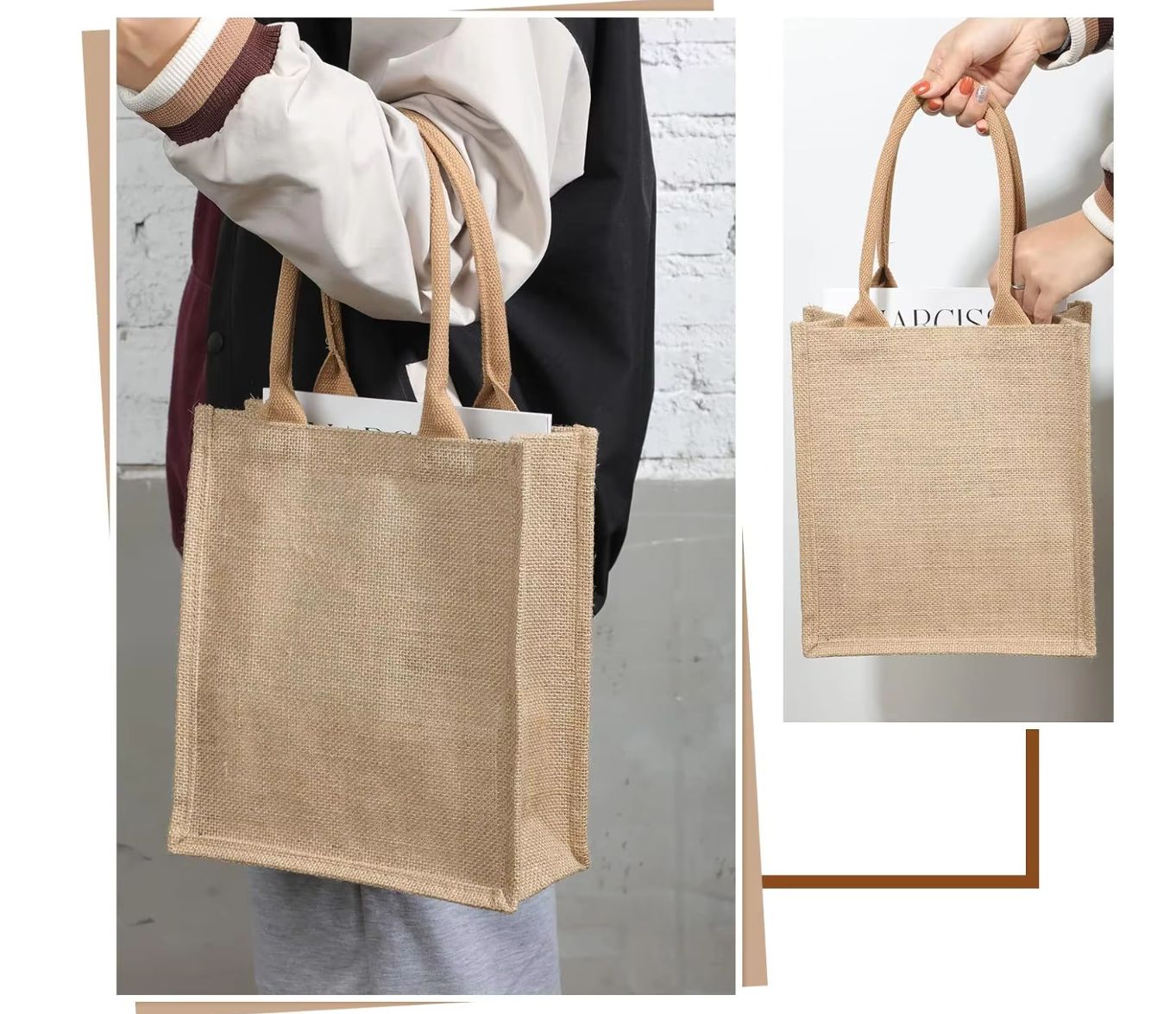 Blank Reusable Grocery Burlap Jute Gift Shopping Tote Bags Waterproof Inside high quality jute bag with white Cotton Handle
