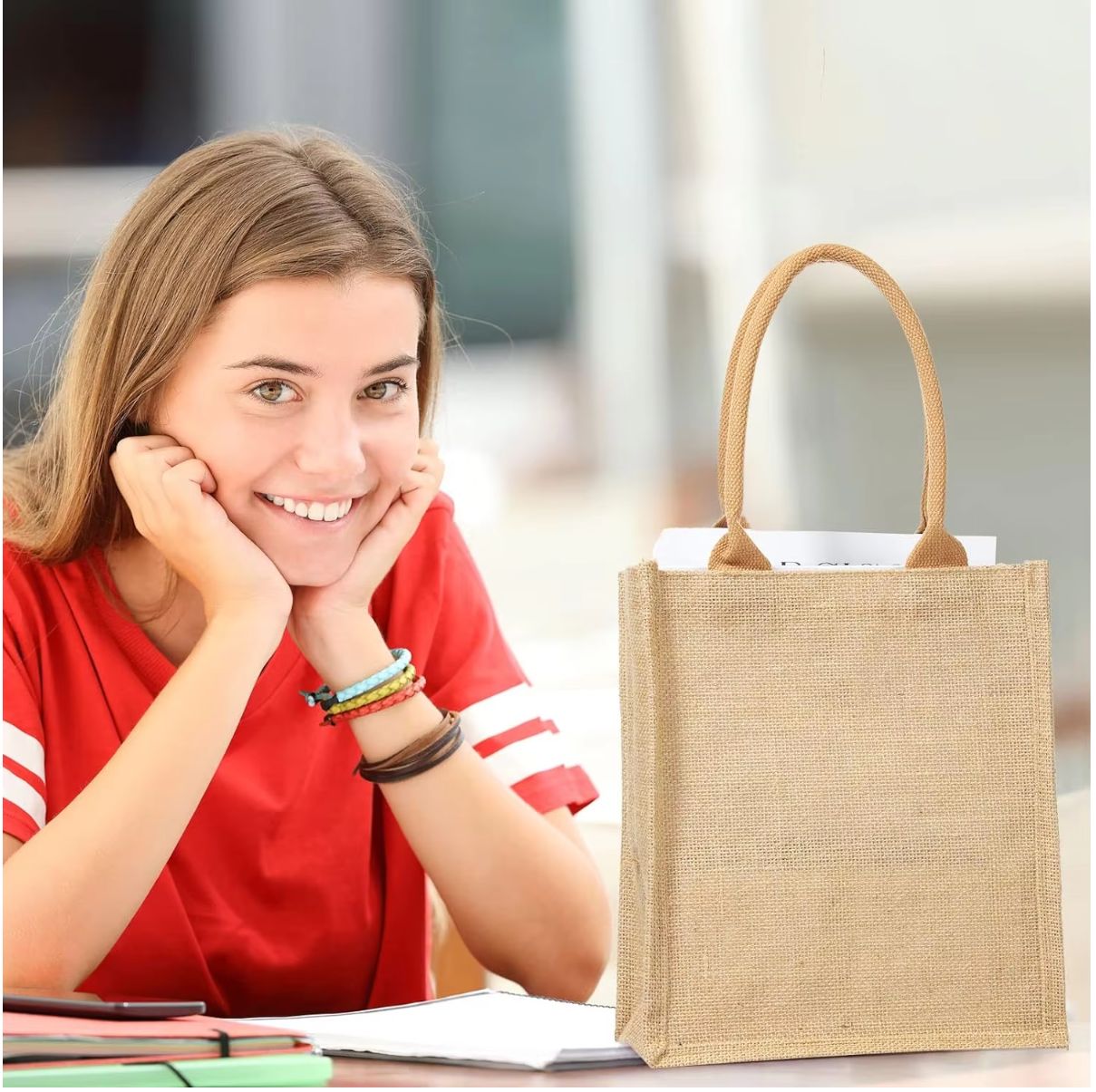 Blank Reusable Grocery Burlap Jute Gift Shopping Tote Bags Waterproof Inside high quality jute bag with white Cotton Handle