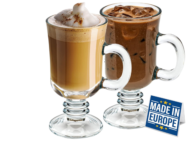 Irish Coffee Glass Mugs, Latte Cups, Set of 2 Cappuccino and Hot Chocolate Mugs with Handle, Clear Glass Mugs for Hot Beverages