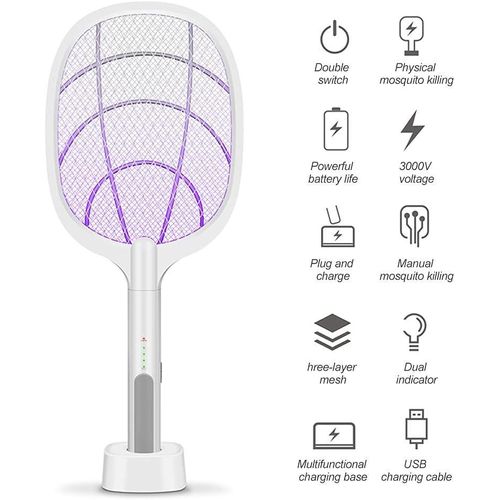2-in-1 Electric Fly Swatter With Base, Mosquito Bat Electric Killer , Portable Mosquito Swatter, Mosquito Light