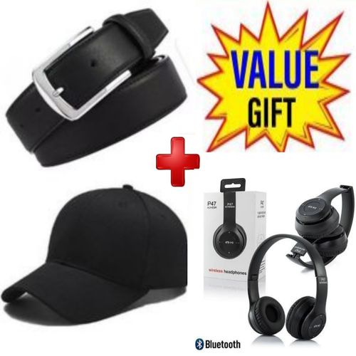 Oraimo Mens Buckle Comfortable Belt + Cap + P47 Headphones Black