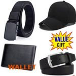 Mens Buckle Leather Belt Canvas -Durable Belts + Men Belt + Cap + Wallet