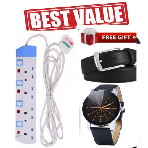 Power King power extention // 4 Way Extension Cable, 13A, Long Cable -Recommended +FREE Belt and Watch