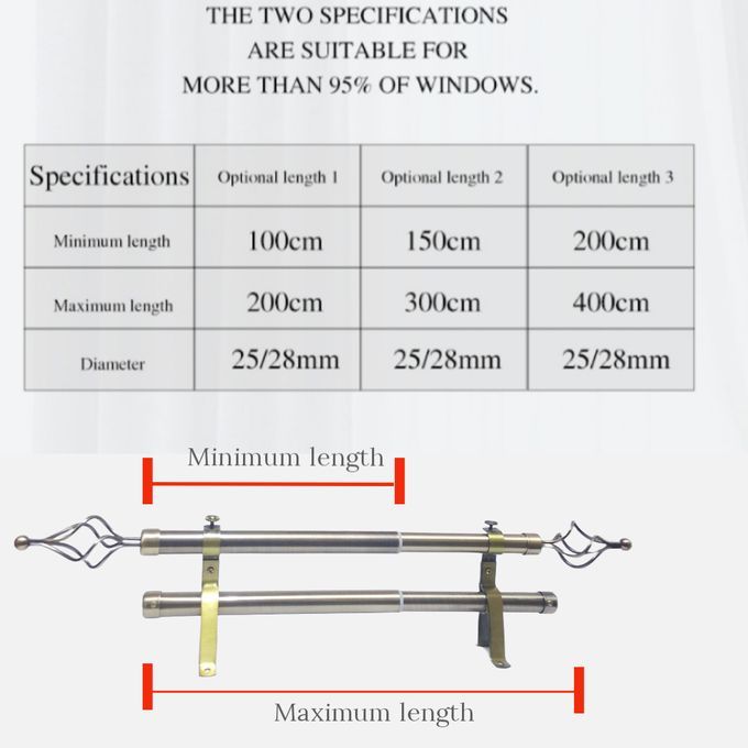 Extendable 2M DOUBLE Curtain Rods Single + FREE Holders And Screws