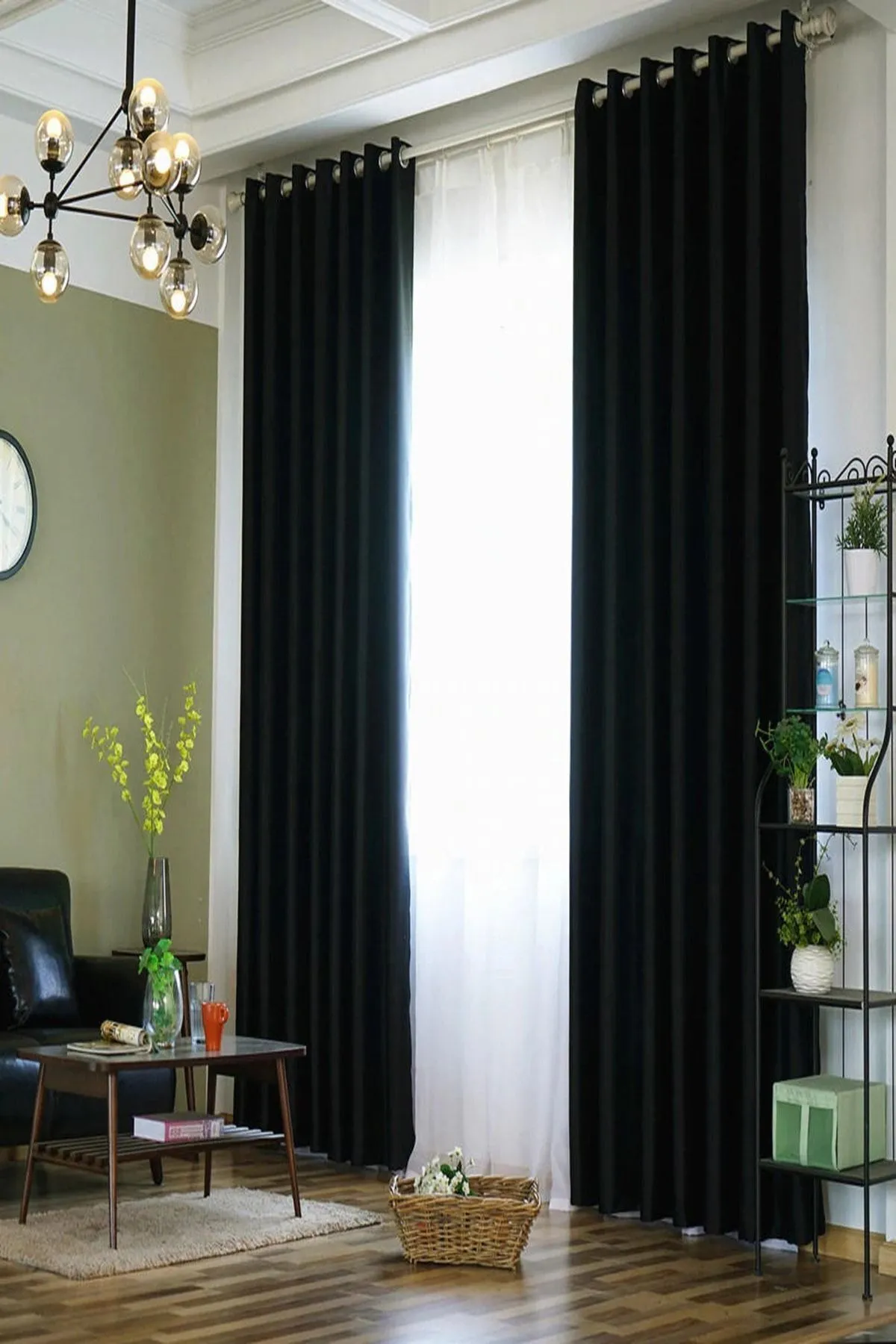 2pcs Black Curtains (1.5m each) + 2m Heavy White Sheer – Elegant Window Set for Bedroom or Living Room, Stylish Light Control & Privacy, Ideal Home Decor Combo