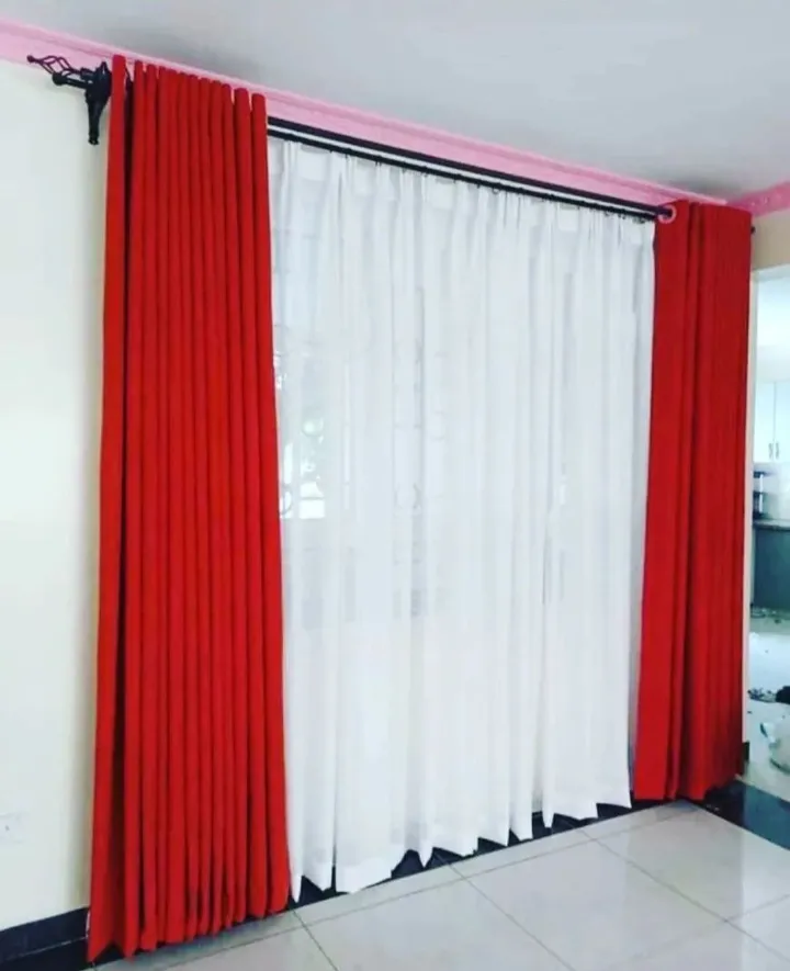 2pcs Red Curtains (1.5m each) + 2m Heavy White Sheer – Elegant Window Set for Bedroom or Living Room, Stylish Light Control & Privacy, Ideal Home Decor Combo