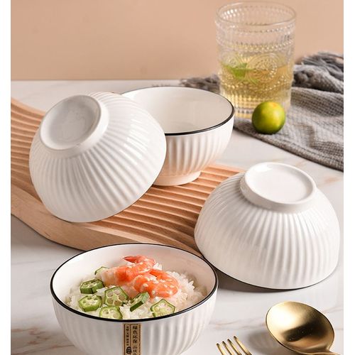 ❗️NEW IN❗️Set Of 6 White Ceramic Bowls With Black Ring. with a subtle pinstripe pattern . Each one beautifully crafted from fine ceramic. Plus, the set is dishwasher-safe for ease and convenience