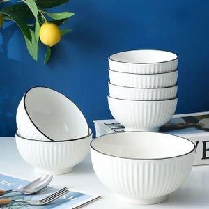 ❗️NEW IN❗️Set Of 6 White Ceramic Bowls With Black Ring. with a subtle pinstripe pattern . Each one beautifully crafted from fine ceramic. Plus, the set is dishwasher-safe for ease and convenience