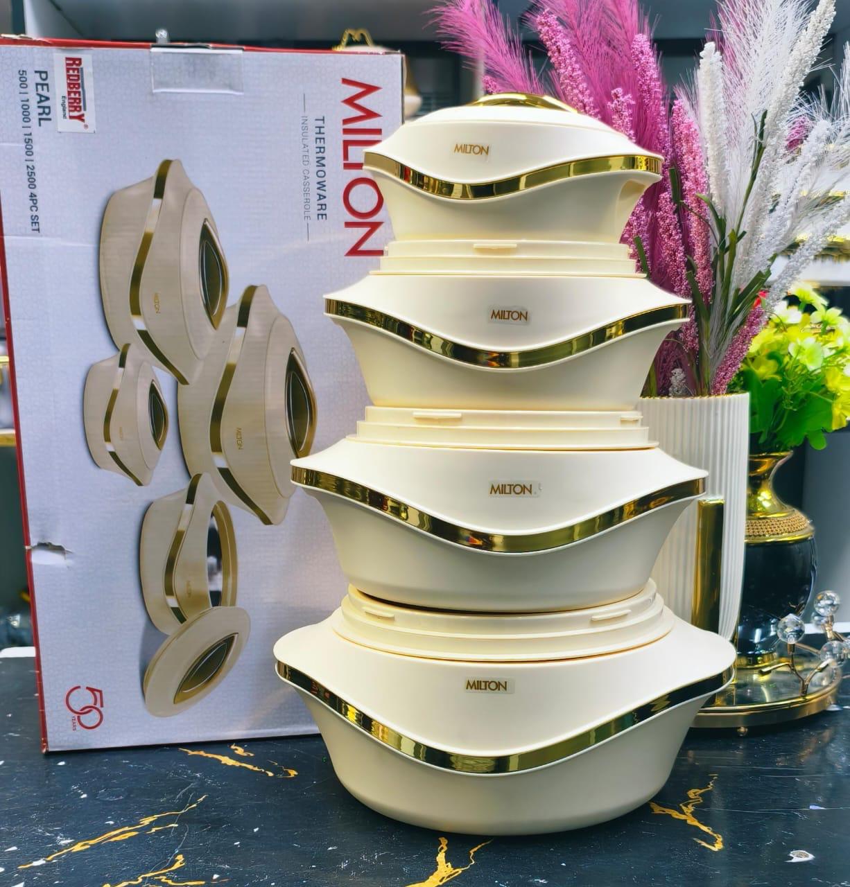 😶‍🌫️Milton 4 pcs pearl hotpots well insulated🧶Keep your food hot and fresh for upto 6 Hours with this elegant and very stylish 4 Piece Food Warmer Server Hot Pot. They are insulated with tough, odu