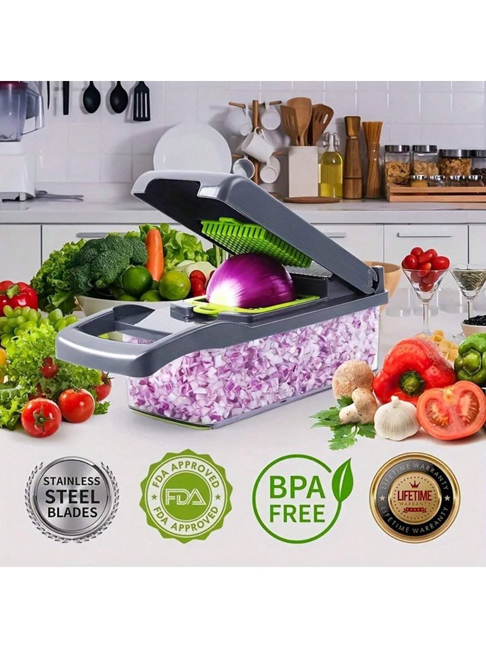 😶‍🌫️16-in-1 Vegetable Cutter, Slicer, Dicer & Chopper Set – Multifunction Kitchen Tool With Storage Container🎉non-slip base and storage container keep your kitchen tidy while protecting your hands