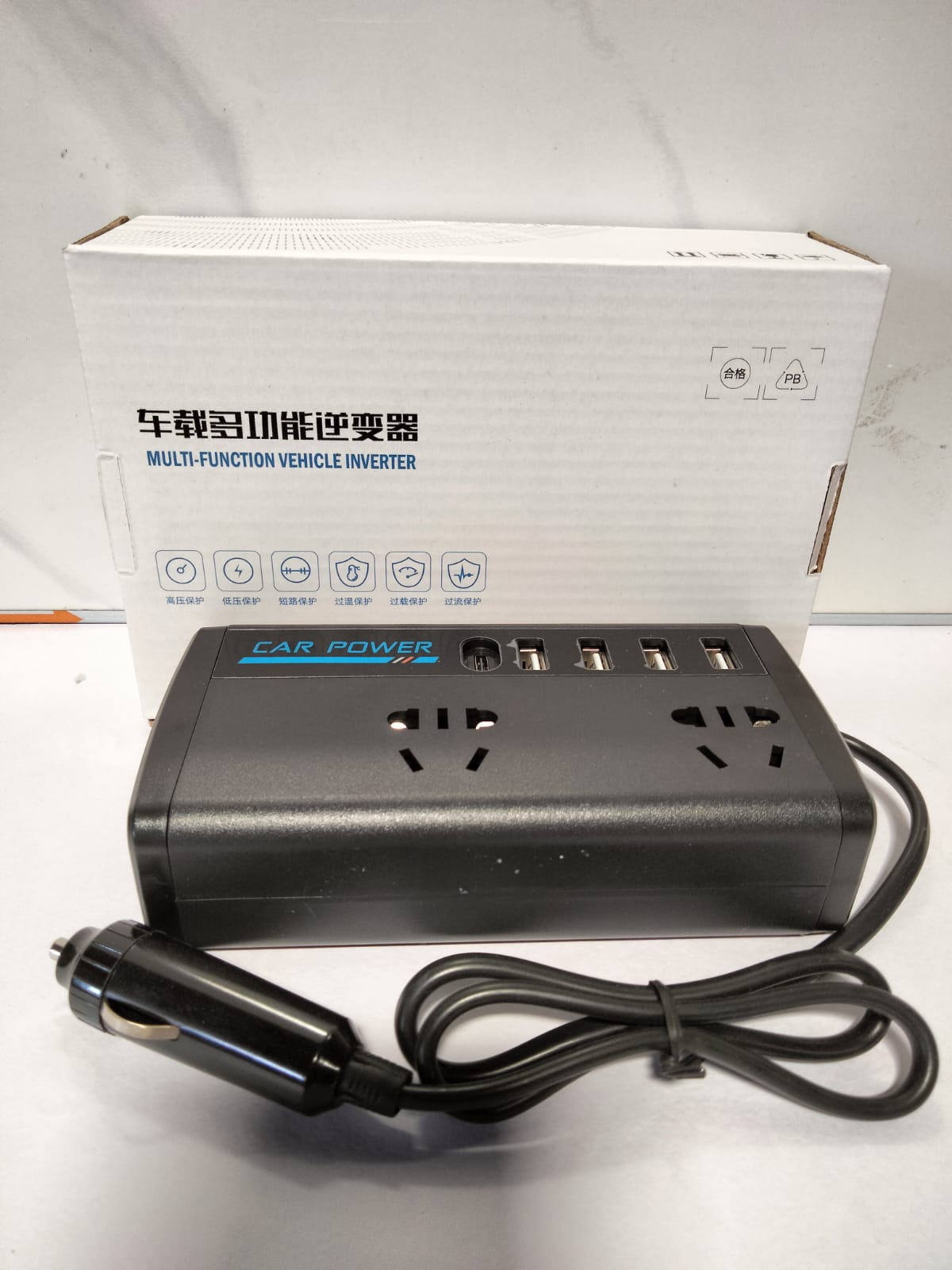 Over voltage protection🎇MULTI-FUNCTION CAR INVERTER 
 converts 12V/24V DC to 110V–220V AC, with USB-A and USB-C fast-charging ports and built-in safety protection.😶‍🌫️Safety Protections:

Low volta