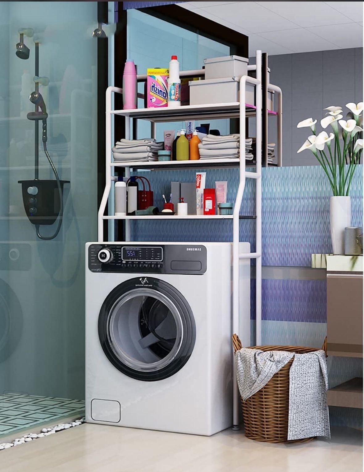 🎇Laundry 3 Tier Over The Washing Machine Storage Rack.☀️Utilizes Wasted Storage Area above the Washinghine.The Storage Shelf is Sturdy and Durable,Made of Stainless Steel Tubes.

Make Full Use of the