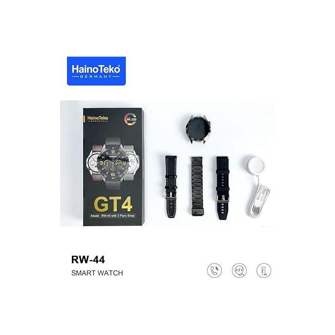 Haino Teko RW44 Round Screen AMOLED Display Smart Watch With 3 Pair Straps and Wireless Charger For Gents and Boys Black