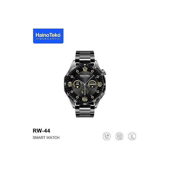 Haino Teko RW44 Round Screen AMOLED Display Smart Watch With 3 Pair Straps and Wireless Charger For Gents and Boys Black