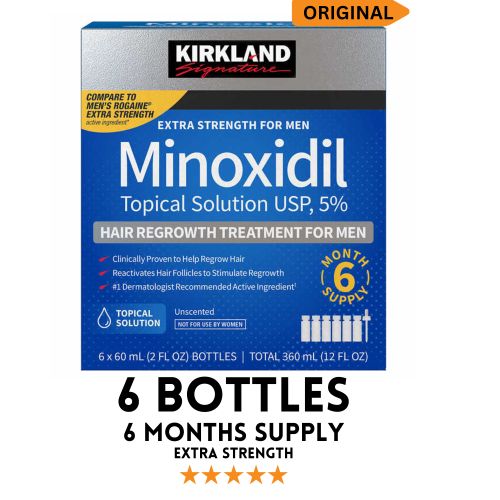 Kirkland Minoxidil 5% extra strength hair loss regrowth system treatment for men Beard care oil premium Topical Solution Growth Nourishing Serum 6 bottle of 60ml (6 months supply)