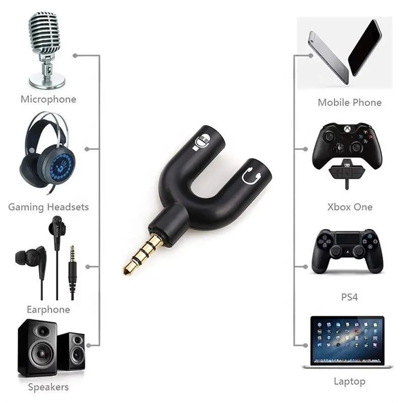 3.5mm Jack Audio Splitter Dual Headphone Microphone Y Separator Headphones Male To 2-Female Stereo U-Shaped Type Adapter AUX Cable Connector for PS4 PC Laptop Xbox Headset Earphone Mic