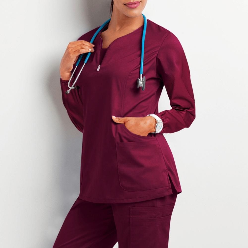 Wine Red Medical Scrubs for Doctors Nurses and Health Hospital Uniforms Stretch V-Neck Scrub Top & Jogger Pant with Pockets Infinity