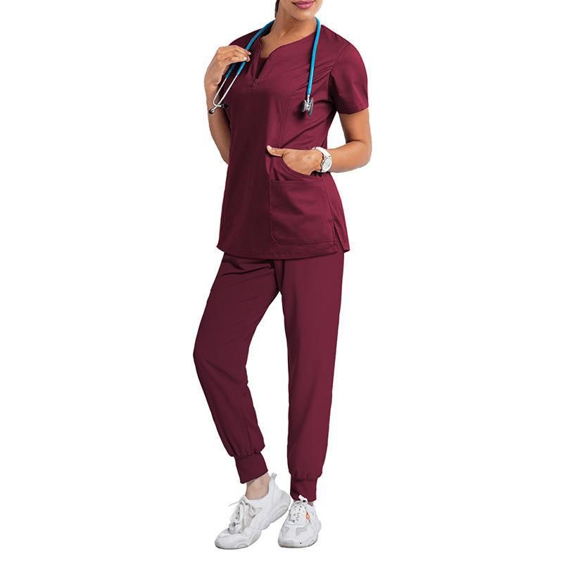 Wine Red Medical Scrubs for Doctors Nurses and Health Hospital Uniforms Stretch V-Neck Scrub Top & Jogger Pant with Pockets Infinity