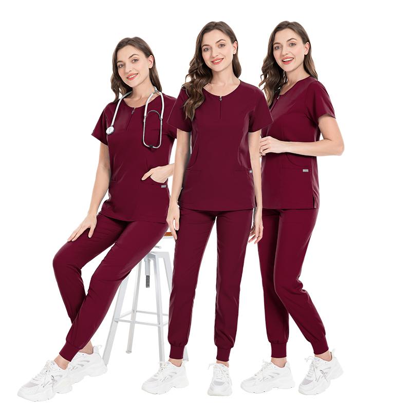 Wine Red Medical Scrubs for Doctors Nurses and Health Hospital Uniforms Stretch V-Neck Scrub Top & Jogger Pant with Pockets Infinity
