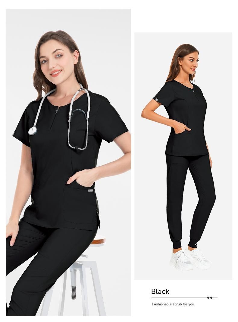 Black Medical Scrubs for Doctors Nurses and Health Hospital Uniforms Stretch V-Neck Scrub Top & Jogger Pant with Pockets Infinity