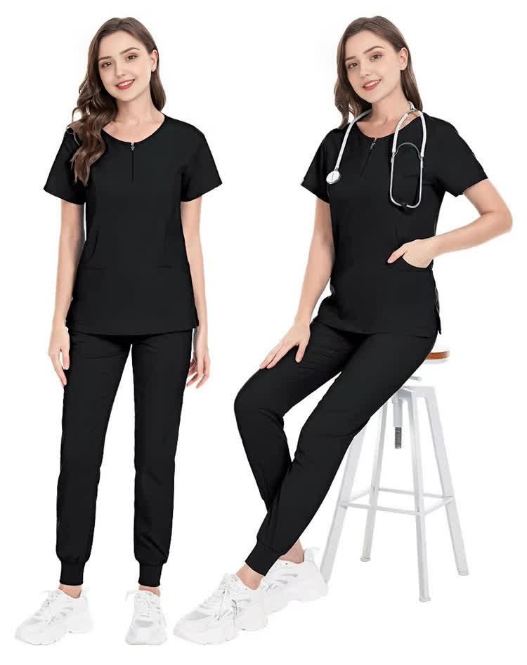 Black Medical Scrubs for Doctors Nurses and Health Hospital Uniforms Stretch V-Neck Scrub Top & Jogger Pant with Pockets Infinity