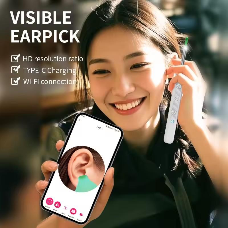 Visual Ear Scoop Cordless Cleaning Endoscope HD Ear Pickers Rechargeable Wireless Smart Visual Ear Cleaner Wax Removal Device with Camera 1296P Ear Sticks WIFI Connection 6 LED Lights Earpick