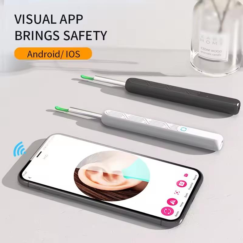 Visual Ear Scoop Cordless Cleaning Endoscope HD Ear Pickers Rechargeable Wireless Smart Visual Ear Cleaner Wax Removal Device with Camera 1296P Ear Sticks WIFI Connection 6 LED Lights Earpick