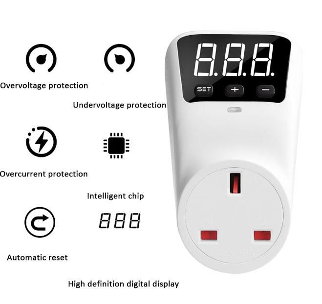 HLP02 Voltage Protector Automatic Reset Over Under Voltage Protectors Socket Digital Display Power Surge Fridge/ TV Guard Protector UK Plug
