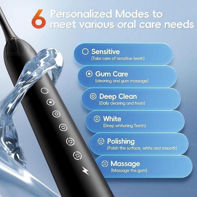 Electric Toothbrush, with 4 Brush Heads, 6 Cleaning Modes, High-Frequency Sonic Vibration, USB Rechargeable, Waterproof, Black Six-speed Toothbrushes set for efficient cleaning