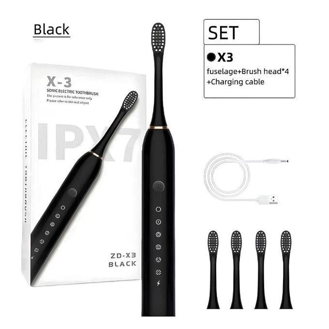 Electric Toothbrush, with 4 Brush Heads, 6 Cleaning Modes, High-Frequency Sonic Vibration, USB Rechargeable, Waterproof, Black Six-speed Toothbrushes set for efficient cleaning