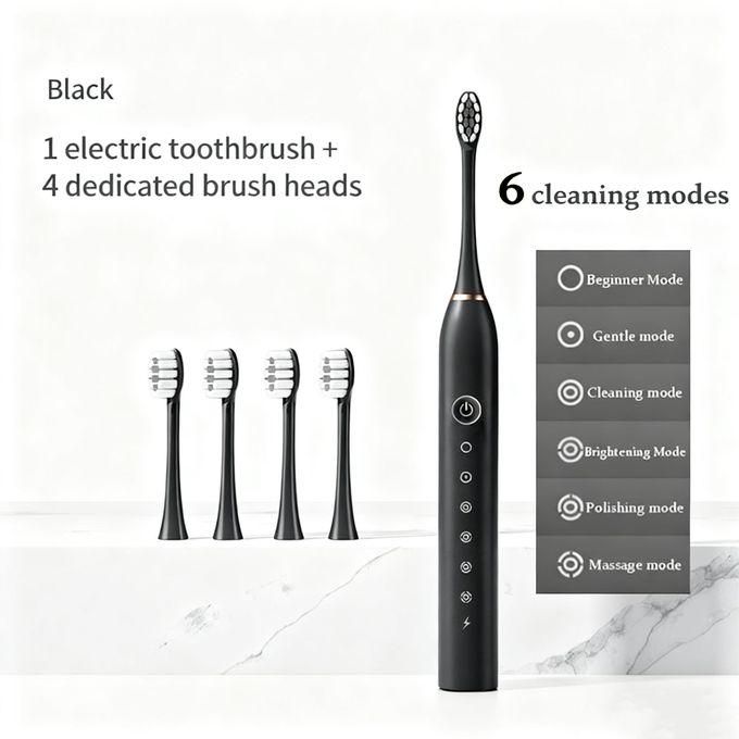 Electric Toothbrush, with 4 Brush Heads, 6 Cleaning Modes, High-Frequency Sonic Vibration, USB Rechargeable, Waterproof, Black Six-speed Toothbrushes set for efficient cleaning
