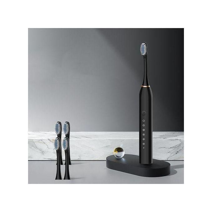 Electric Toothbrush, with 4 Brush Heads, 6 Cleaning Modes, High-Frequency Sonic Vibration, USB Rechargeable, Waterproof, Black Six-speed Toothbrushes set for efficient cleaning