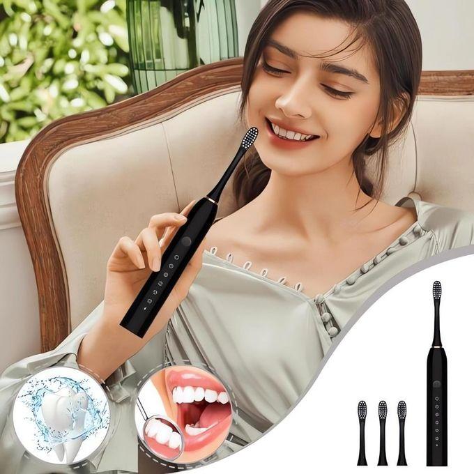 Electric Toothbrush, with 4 Brush Heads, 6 Cleaning Modes, High-Frequency Sonic Vibration, USB Rechargeable, Waterproof, Black Six-speed Toothbrushes set for efficient cleaning