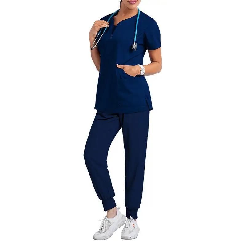 Navy Blue Medical Scrubs for Doctors Nurses and Health Hospital Uniforms Stretch V-Neck Scrub Top & Jogger Pant with Pockets Infinity
