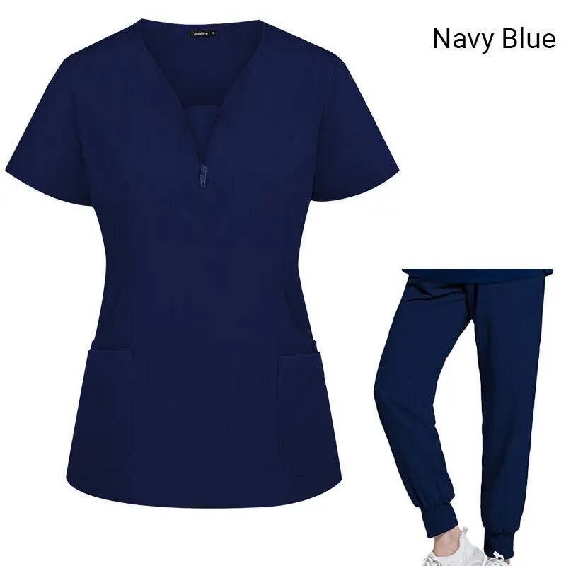 Navy Blue Medical Scrubs for Doctors Nurses and Health Hospital Uniforms Stretch V-Neck Scrub Top & Jogger Pant with Pockets Infinity