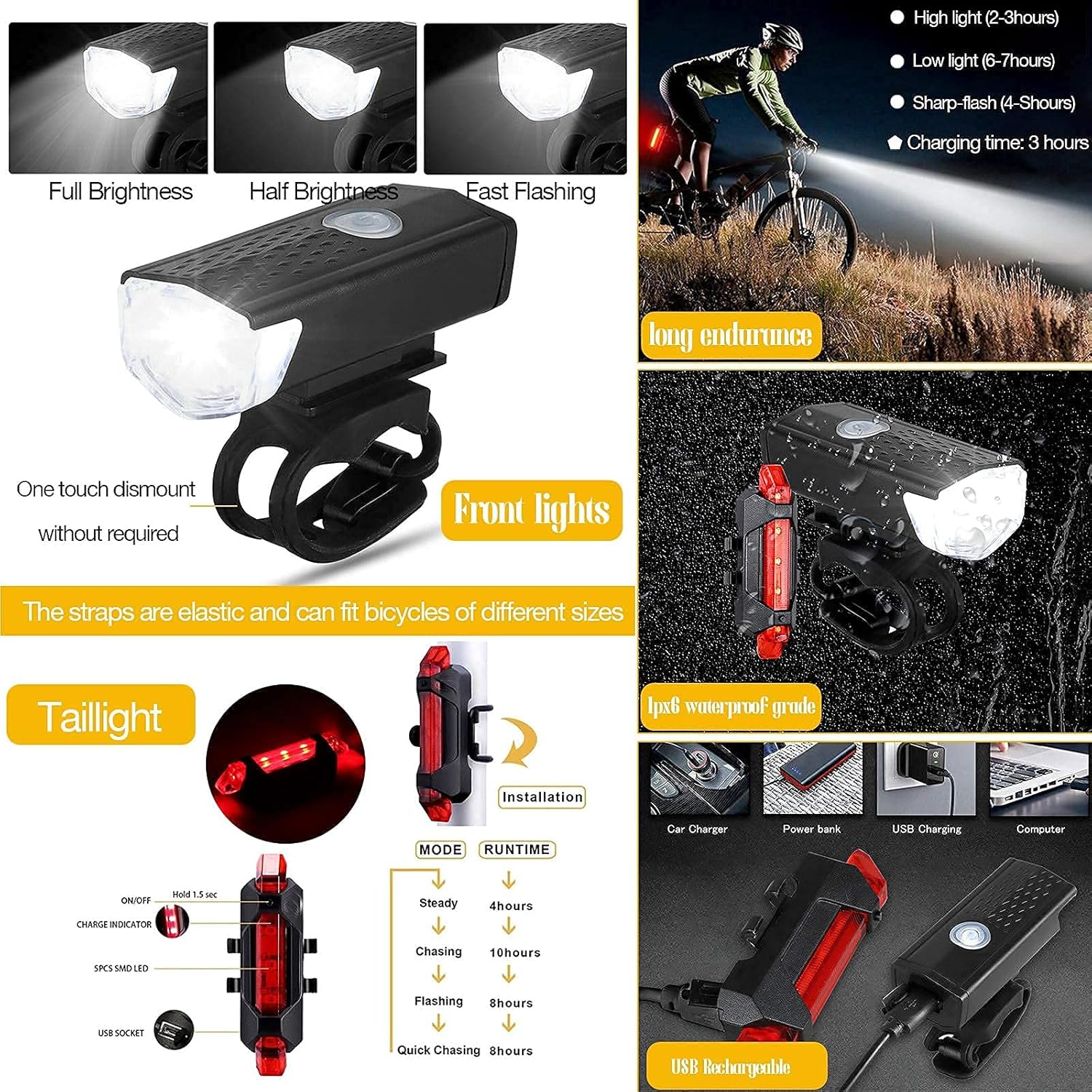 Safety LED Front & Rear Tail Bicycle Bike Light USB Rechargeable Flashlight Kit, Night riding lights Bicycle Front Back Taillight Set Cycling Safety Warning Light Waterproo